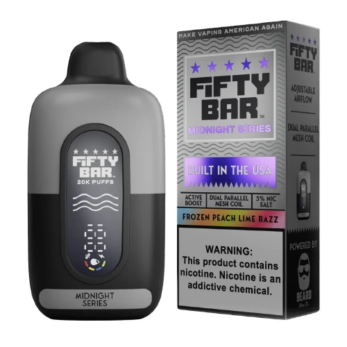 Frozen Peach Lime Razz Fifty Bar Midnight Series disposable vape