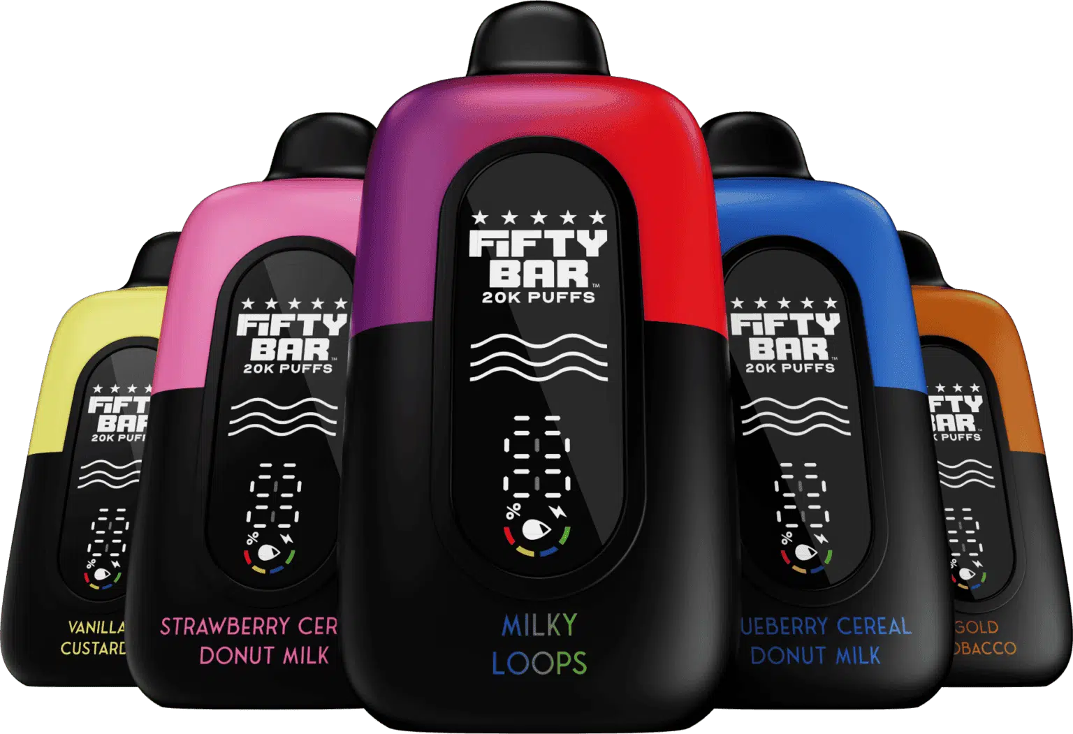 Fifty Bar Black Series devices — Vanilla Custard, Milky Loops, Blueberry Cereal Donut Milk