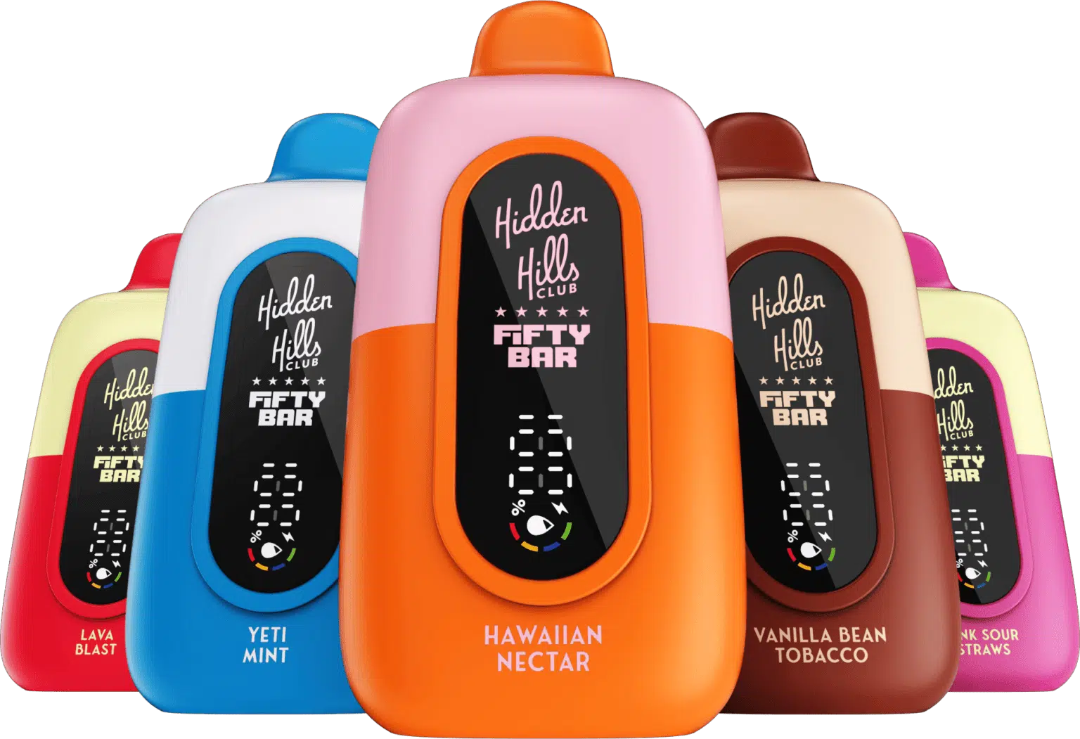 Hidden Hills Club x Fifty Bar devices — Hawaiian Nectar, Yeti Mint, Vanilla Bean Tobacco