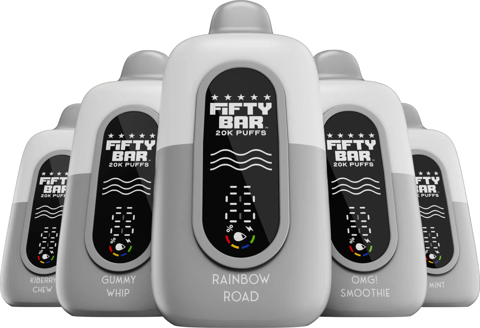 Fifty Bar White Series devices — Rainbow Road, Gummy Whip, OMG Smoothie